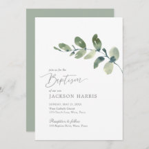 Aquarelle Eucalyptus Vert Baptême Invitation