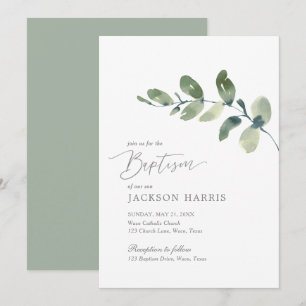 Aquarelle Eucalyptus Vert Baptême Invitation