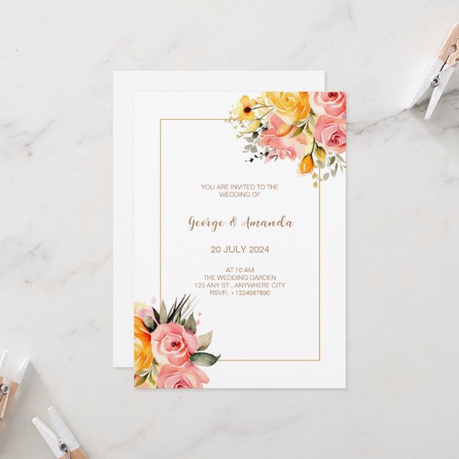 Aquarelle Faire-part de mariage citron rose (Devant/Arrière en situation)
