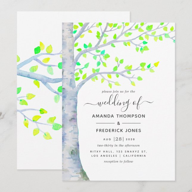 Aquarelle Faire-part de mariage d'arbre de bouleau (Devant / Derrière)