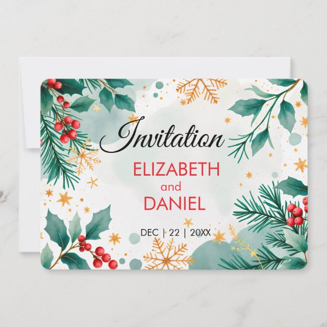 Aquarelle Faire-part de mariage de Noël avec Holly (Devant)