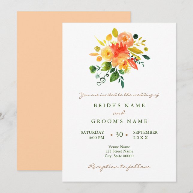 Aquarelle faire-part de mariage fleurie orange (Devant / Derrière)