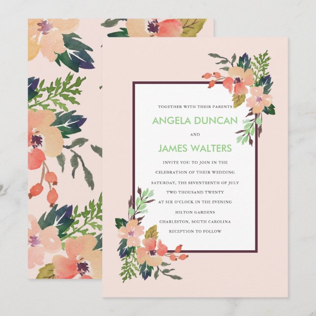 Aquarelle Faire-part de mariage Fleurs de coin (Devant / Derrière)