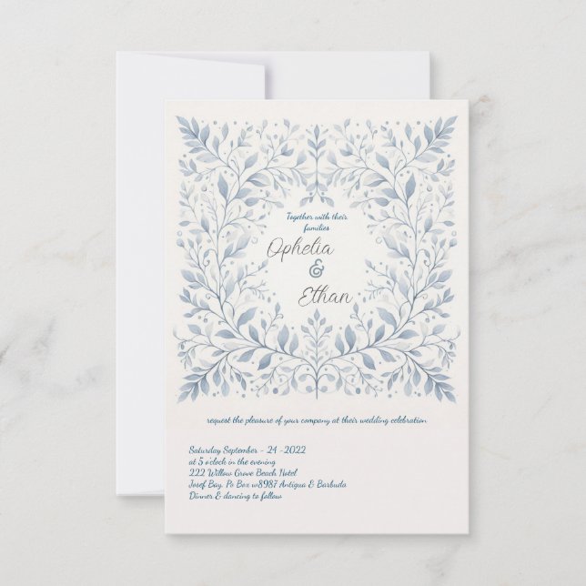 Aquarelle faire-part de mariage Floral bleu (Devant)