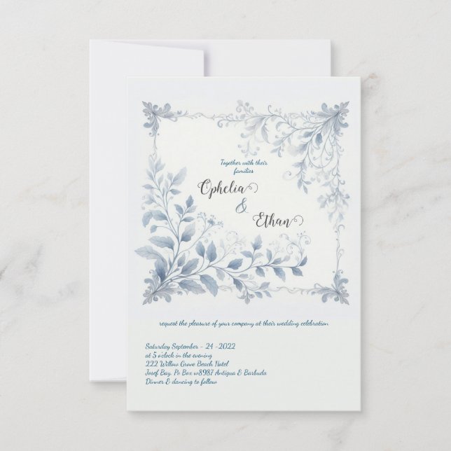 Aquarelle faire-part de mariage Floral bleu (Devant)