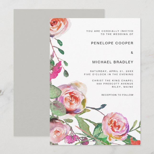 Aquarelle Faire-part de mariage florale en gris (Devant / Derrière)
