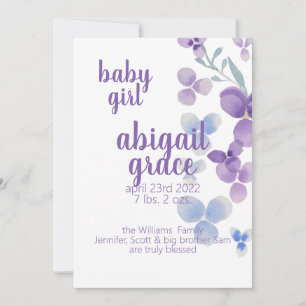 Aquarelle faire-part de naissance de fleurs violet