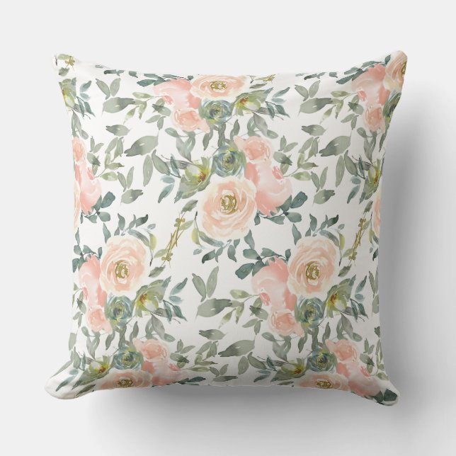 Aquarelle féminine Fleurs roses Jeter Oreiller (Recto)