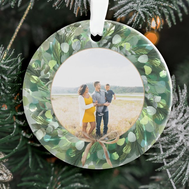 Aquarelle Festive Verdure Wreath Family Photo (Festive Watercolor Greenery Wreath Family Photo Ornament)