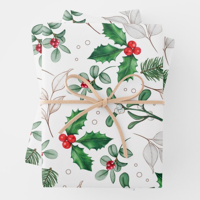 Aquarelle Feuilles de Noël et baies Blanc (En situation)