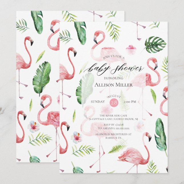 Aquarelle Flamant rose rose Baby shower Invitation (Devant / Derrière)