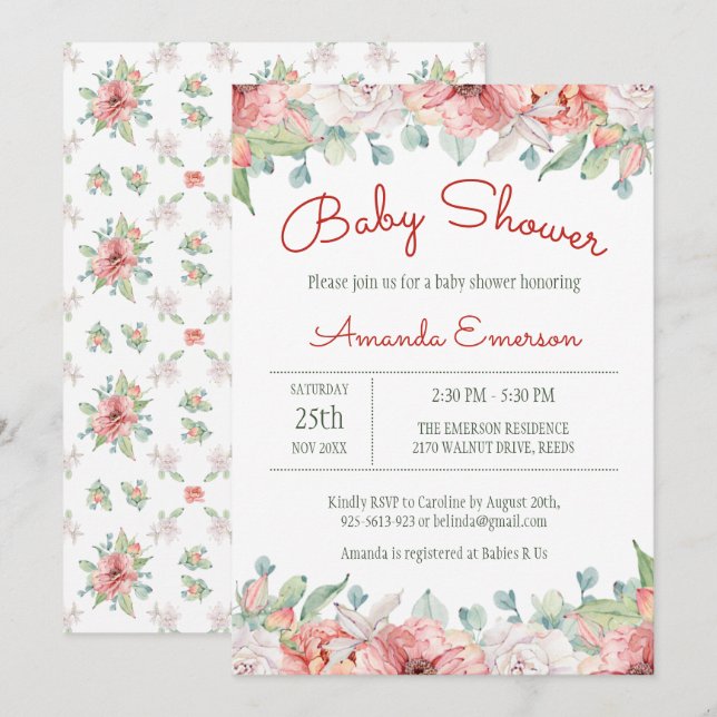 Aquarelle Fleur Bébé Douche Invitations (Devant / Derrière)