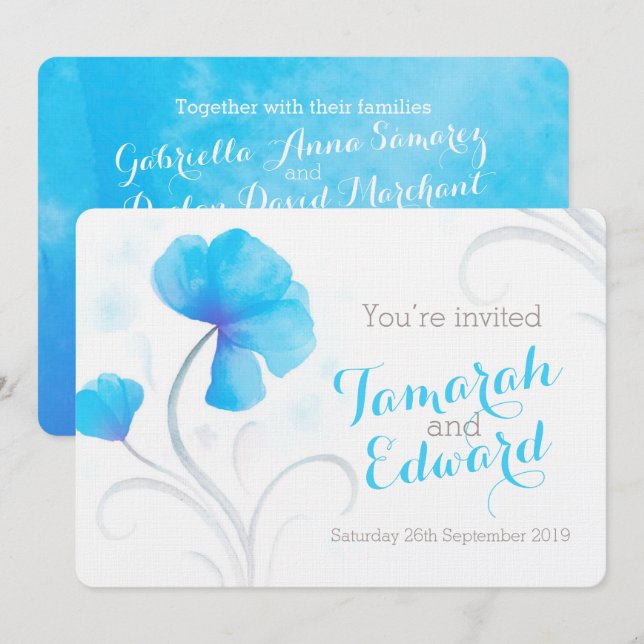 Aquarelle fleur sauvage bleu gris invitation de ma (Devant / Derrière)