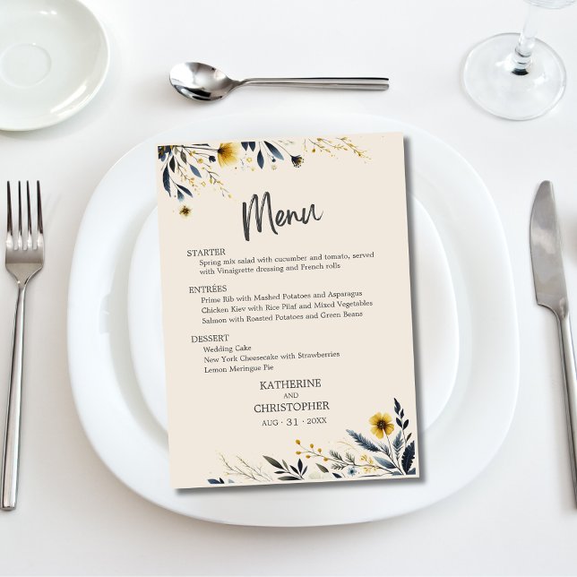Aquarelle Fleur sauvage Elégant Beige Mariage Menu (Watercolor Floral Elegant Wedding Menu with meal choices and optional text on the back.)