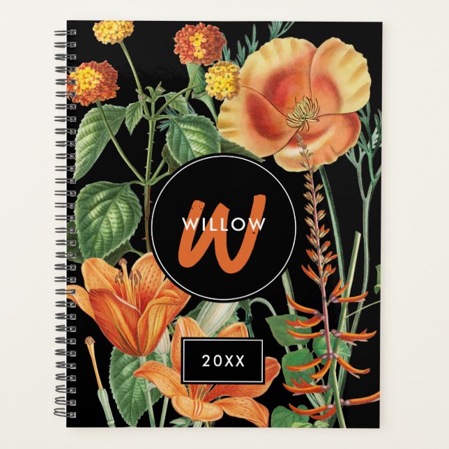 Aquarelle Fleur sauvage noir orange monogramme (Devant)