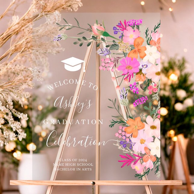 Aquarelle fleurie chic lavande bienvenue (Chic lavender floral watercolor graduation welcome acrylic sign)
