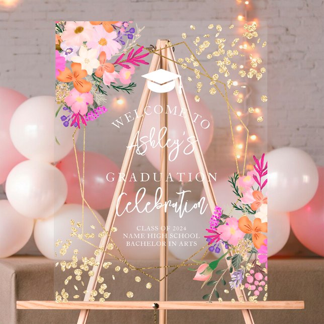 Aquarelle fleurie parties scintillant or bienvenue (Gold glitter floral watercolor graduation welcome acrylic sign)