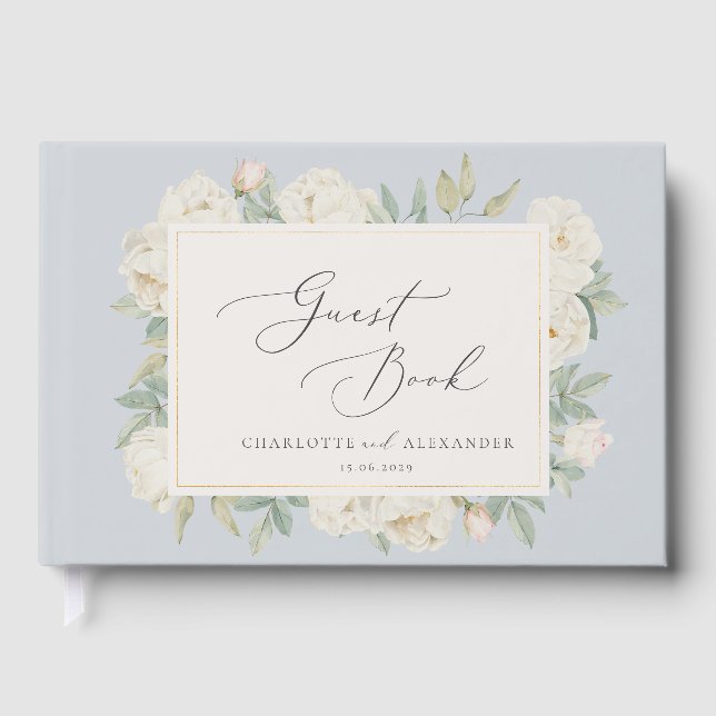 Aquarelle fleurs blanches, bleu clair Livre d'or (Recto)