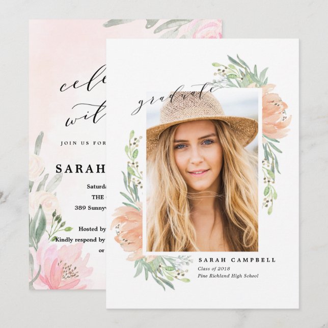 Aquarelle/fleurs de carte d'obtention du diplôme (Devant / Derrière)