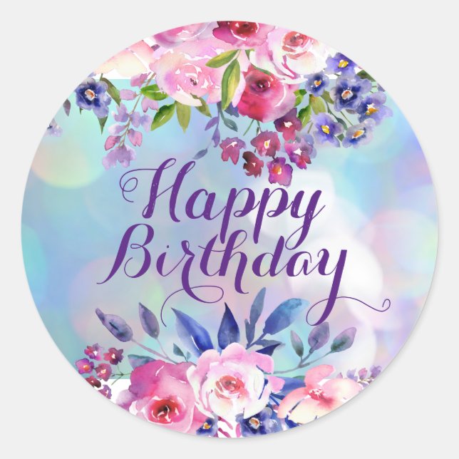 Aquarelle Fleurs joyeuses Stickers Rond Anniversai (Devant)