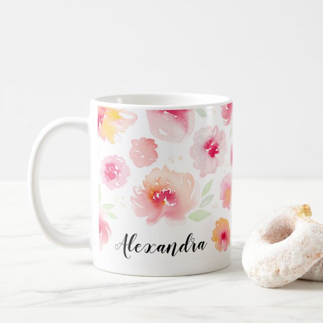 Aquarelle Fleurs Nom personnalisé Café Mug (Avec donut)