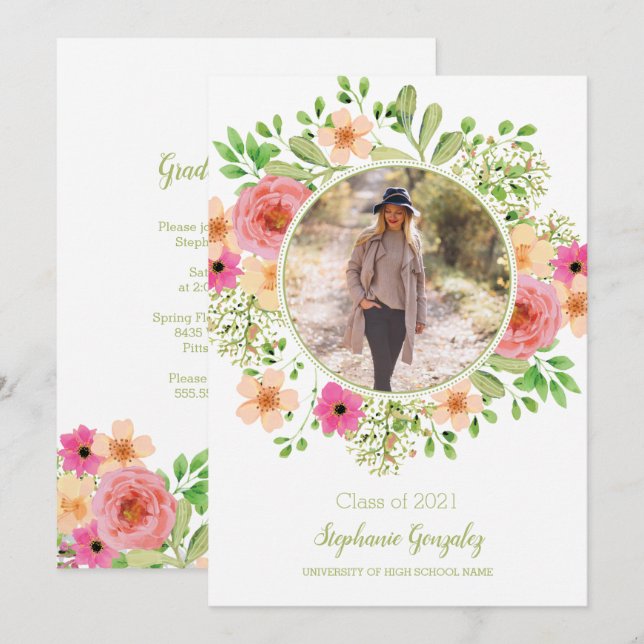 Aquarelle Fleurs Photo Graduation Invitation (Devant / Derrière)