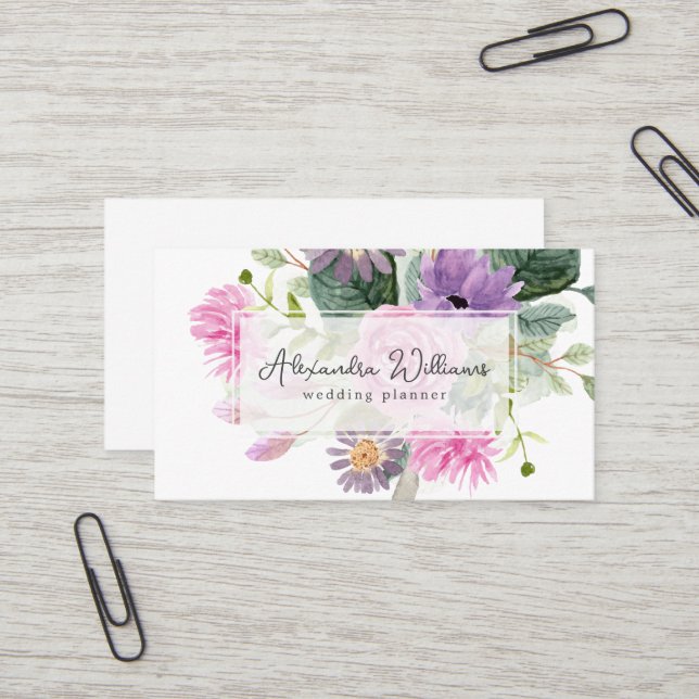 Aquarelle Fleurs roses Carte de visite Floral (Devant/Arrière en situation)