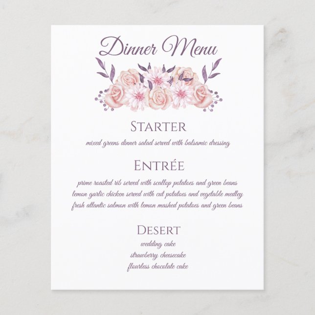 Aquarelle - Fleurs roses - Menu Mariage (Devant)