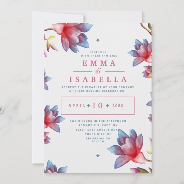 Aquarelle Fleurs Rouge et Bleu Faire-part de maria (Devant)