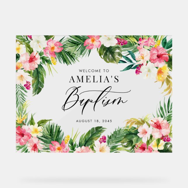 Aquarelle Fleurs tropicales Cadre Baptême (Recto)