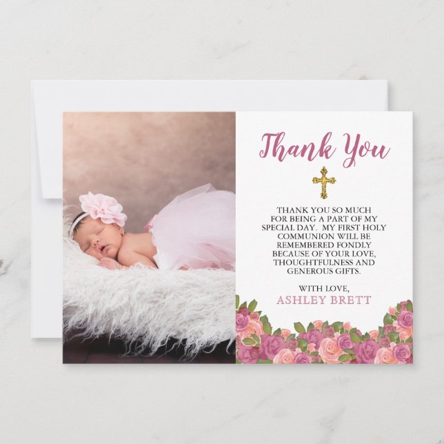Aquarelle Floral Baby Girl Baptism Merci (Devant)