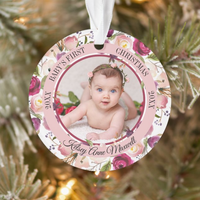 Aquarelle Floral Baby's First Christmas Photo Orn (Arbre)