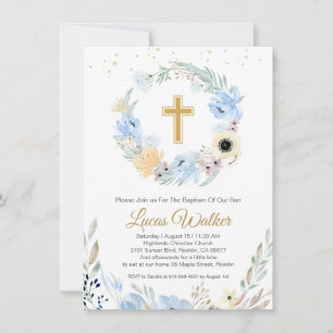 Aquarelle Floral Baptême bleu Invitation
