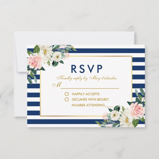 Aquarelle Floral Blue Stripes Mariage RSVP (Devant)
