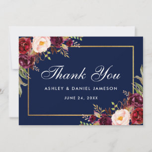 Aquarelle Floral Bourgogne bleu Mariage Merci