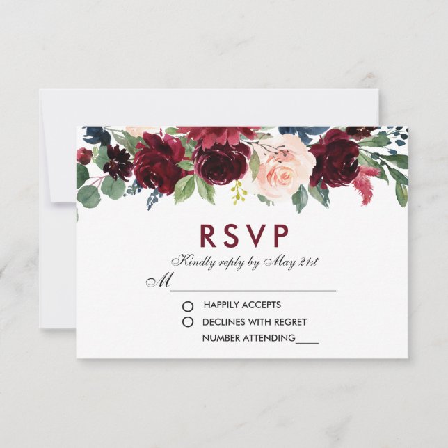Aquarelle Floral Bourgogne Bleu Mariage RSVP B (Devant)