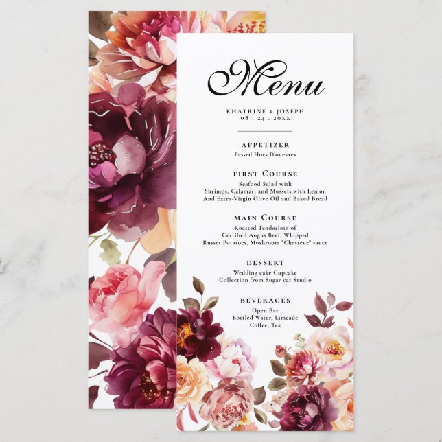 Aquarelle Floral Bourgogne Détails Menu Mariage (Devant / Derrière)