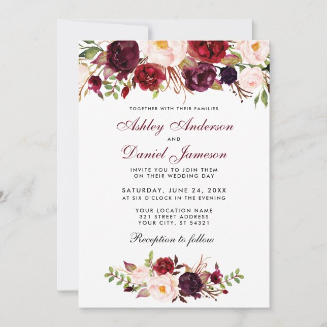 Aquarelle Floral Bourgogne Faire-part de mariage B (Devant)
