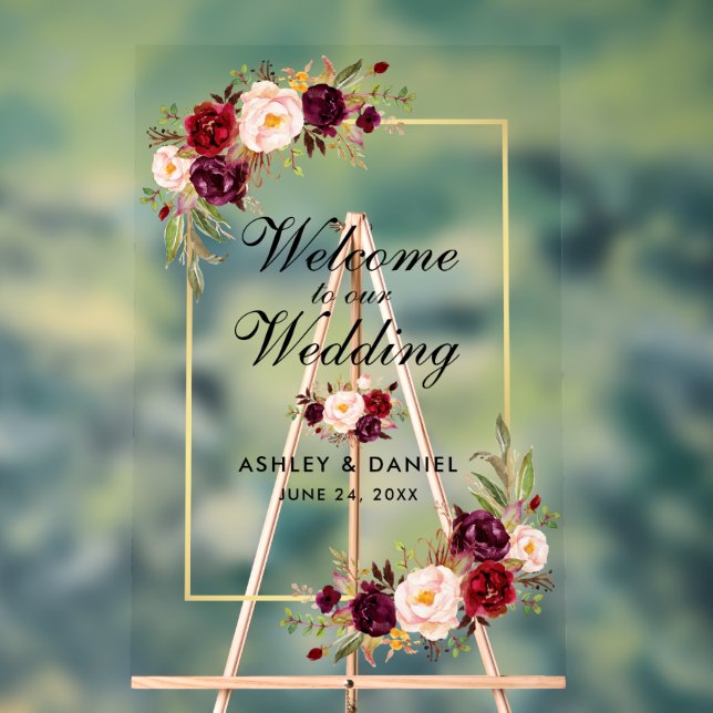 Aquarelle Floral Bourgogne Gold Mariage Bienvenue (Neutre)