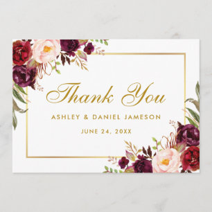 Aquarelle Floral Bourgogne Gold Mariage Merci