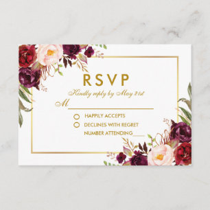 Aquarelle Floral Bourgogne Gold Wedding RSVP