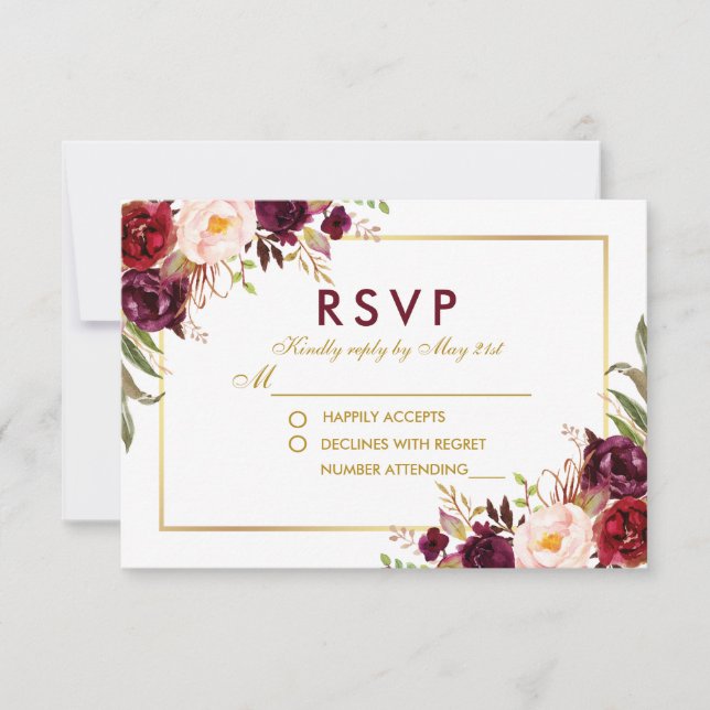 Aquarelle Floral Bourgogne Gold Wedding RSVP B (Devant)
