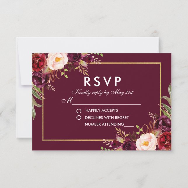 Aquarelle Floral Bourgogne Mariage RSVP BG (Devant)