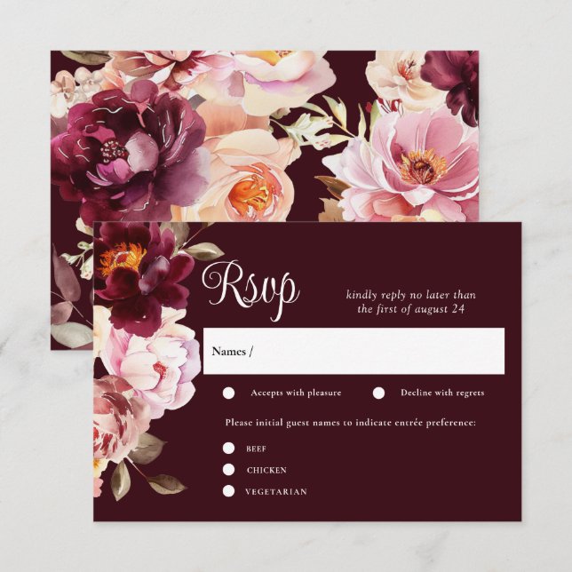 Aquarelle Floral Bourgogne Mariage RSVP Cartes (Devant / Derrière)