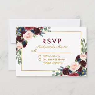 Aquarelle Floral Bourgogne Or Bleu Mariage RSVP