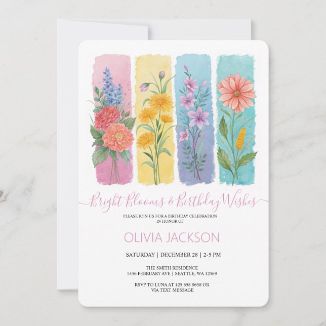 Aquarelle Floral Brushstroke Invitation d'annivers (Devant)