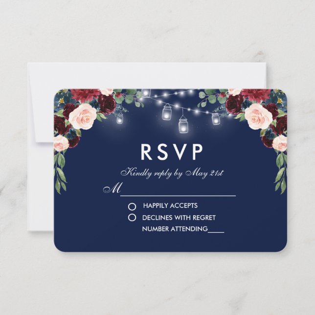 Aquarelle Floral Burgundy Jarres bleu Mariage RSVP (Devant)