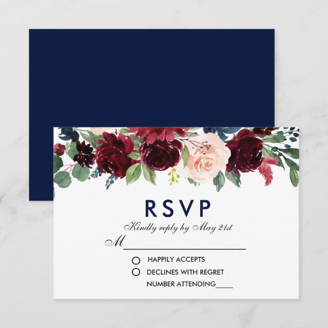 Aquarelle Floral Burgundy Mariage RSVP B (Devant / Derrière)