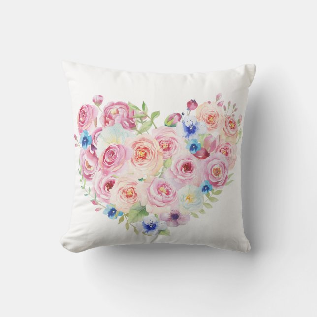 Aquarelle Floral Coeur Lancer Coussin (Recto)