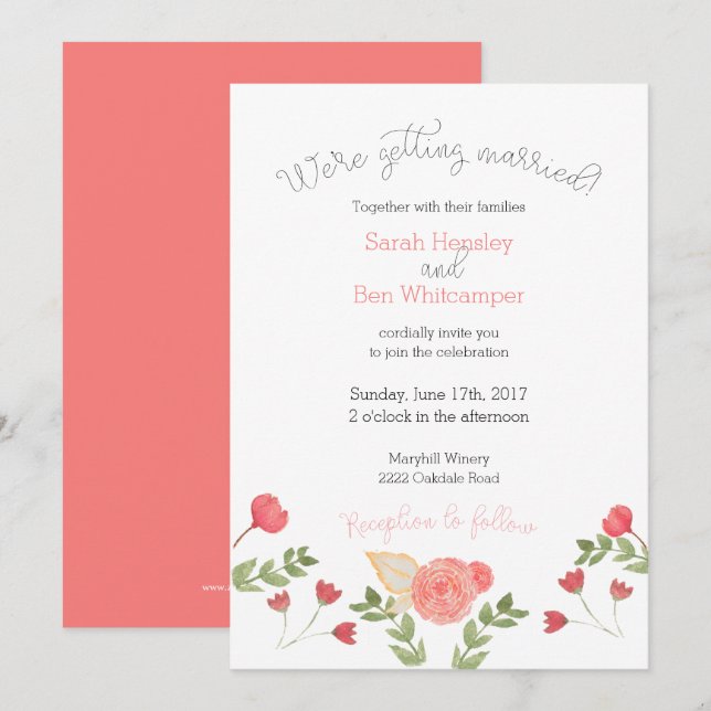 Aquarelle Floral Coral Faire-part de mariage (Devant / Derrière)